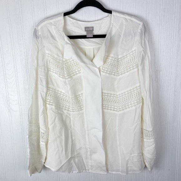 Chico's Cream Button Up‎ Blouse Lace Detail size 8/10 - Picture 1 of 6